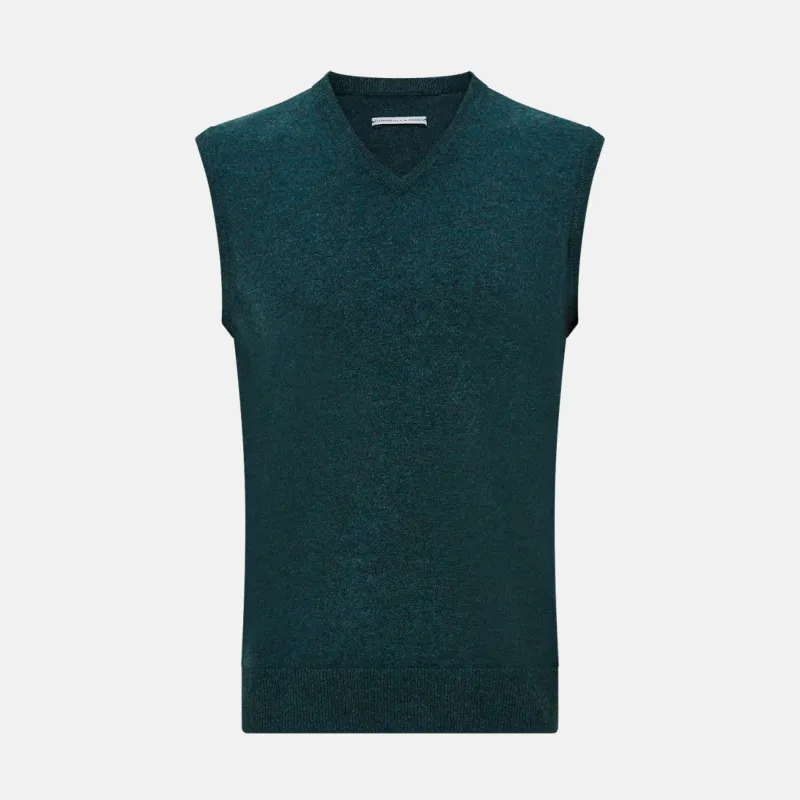 Forest Green Melange V-neck Cashmere Vest sold by Turnbull & Asser
