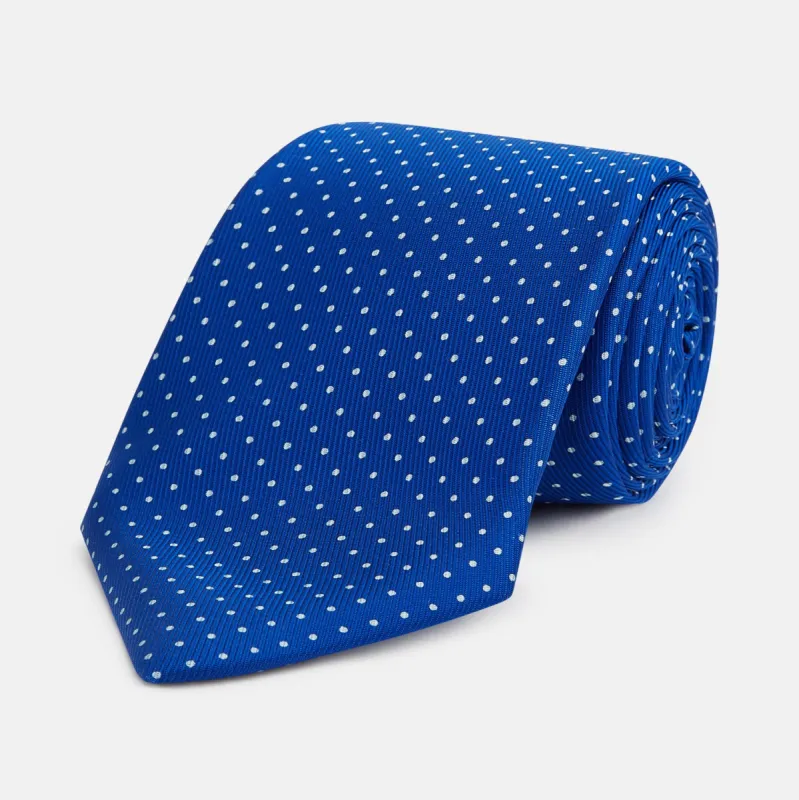 Long Blue and White Small Spot Printed Silk Tie sold by Turnbull & Asser