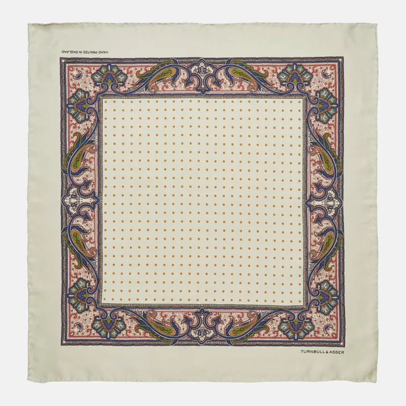 Cream Paisley Polka Dot Silk Pocket Square sold by Turnbull & Asser