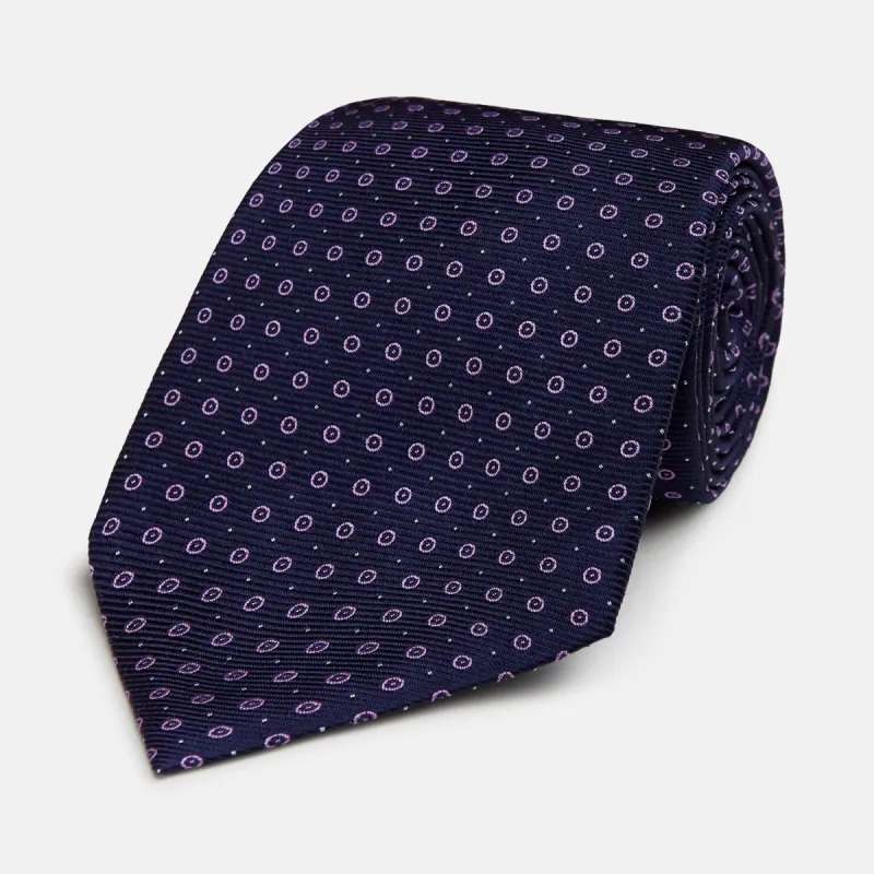 Navy and Lilac Circle Silk Tie sold by Turnbull & Asser
