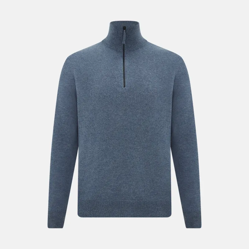 Blue Melange  Half-Zip Cashmere Jumper sold by Turnbull & Asser