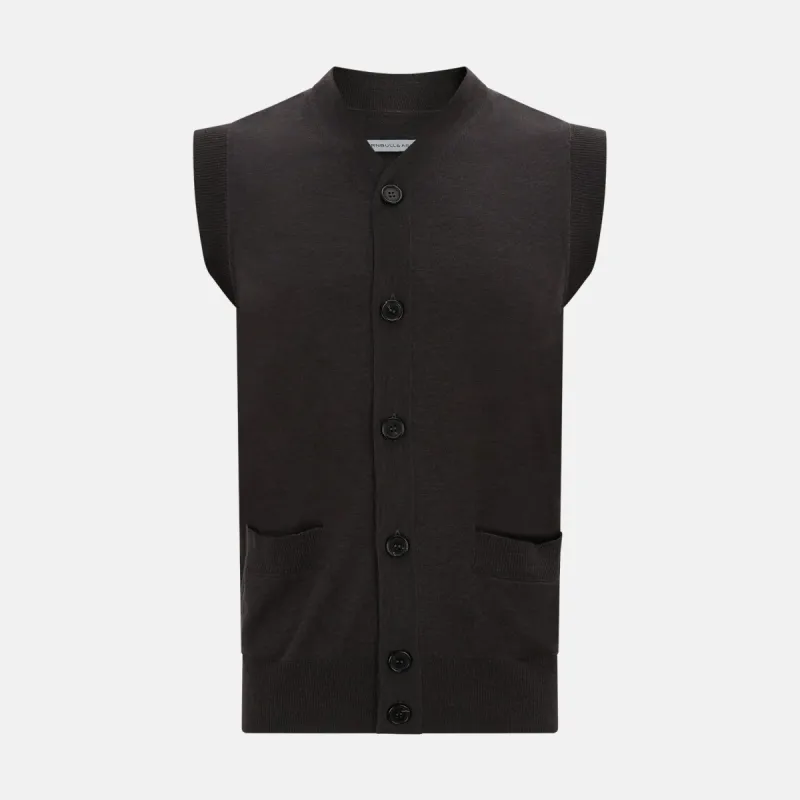 Dark Brown Merino V-Neck Sleeveless Cardigan sold by Turnbull & Asser