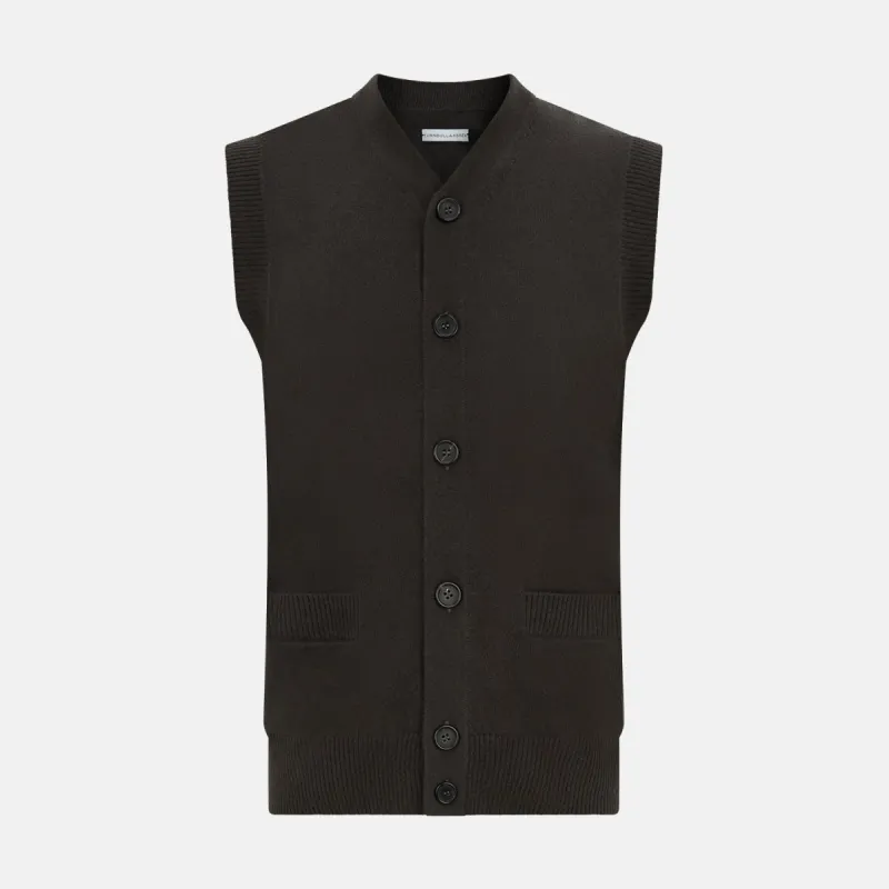Dark Brown Cashmere Sleeveless Cardigan sold by Turnbull & Asser