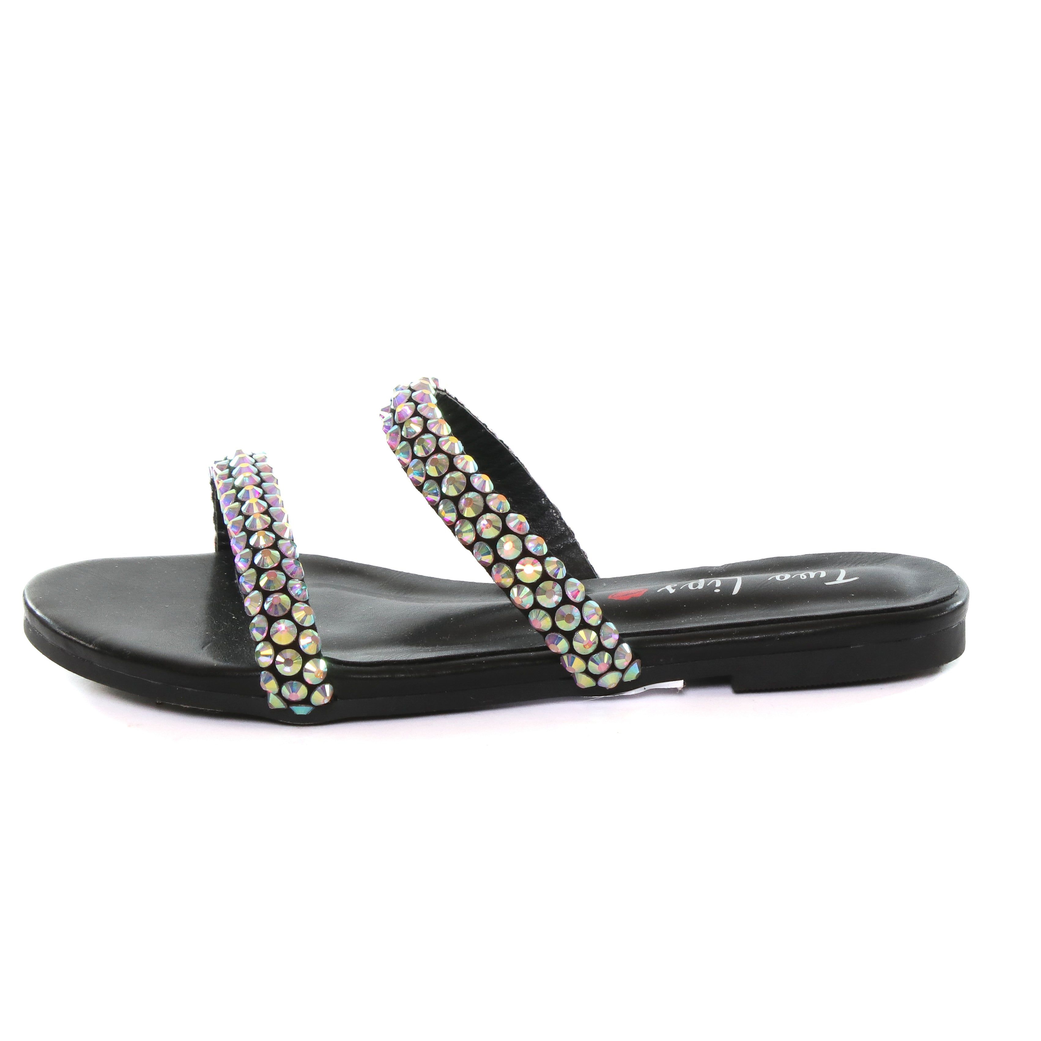 Fiji Bedazzled Flat Sandal Black sold by Two Lips