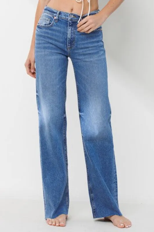 Mid Rise Wide Straight Jeans With Scissor Cut Hem sold by U-NI-TY