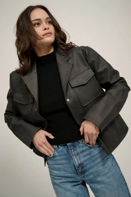 Faux Leather Collar Neck Pocket Jacket sold by U-NI-TY