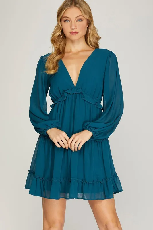 Long Sleeve Ruffled Crinkled Chiffon Tiered Dress sold by U-NI-TY product image thumbnail 3