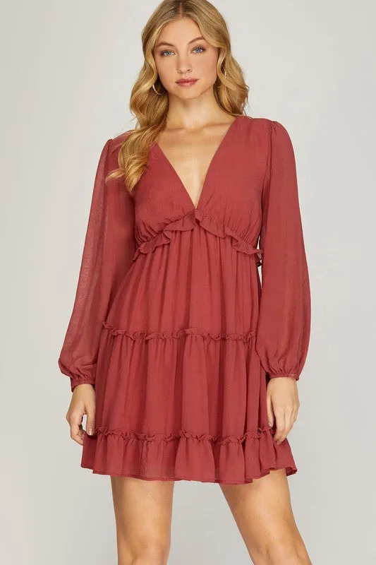 Long Sleeve Ruffled Crinkled Chiffon Tiered Dress sold by U-NI-TY