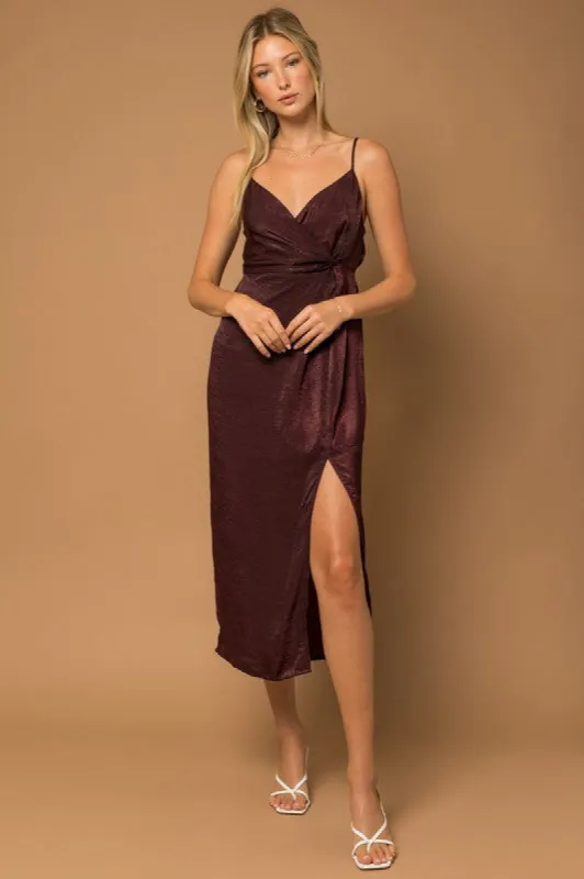 Sleeveless Waist Twist Slit Satin Midi Dress sold by U-NI-TY