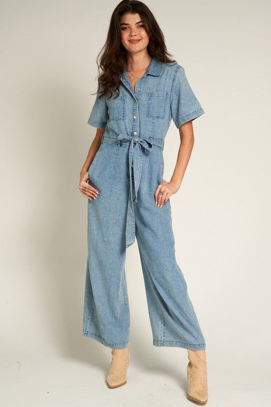 Short Sleeve Denim Tencel Jumpsuit sold by U-NI-TY