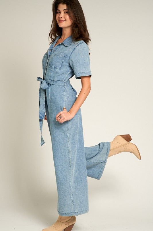 Short Sleeve Denim Tencel Jumpsuit sold by U-NI-TY product image thumbnail 3
