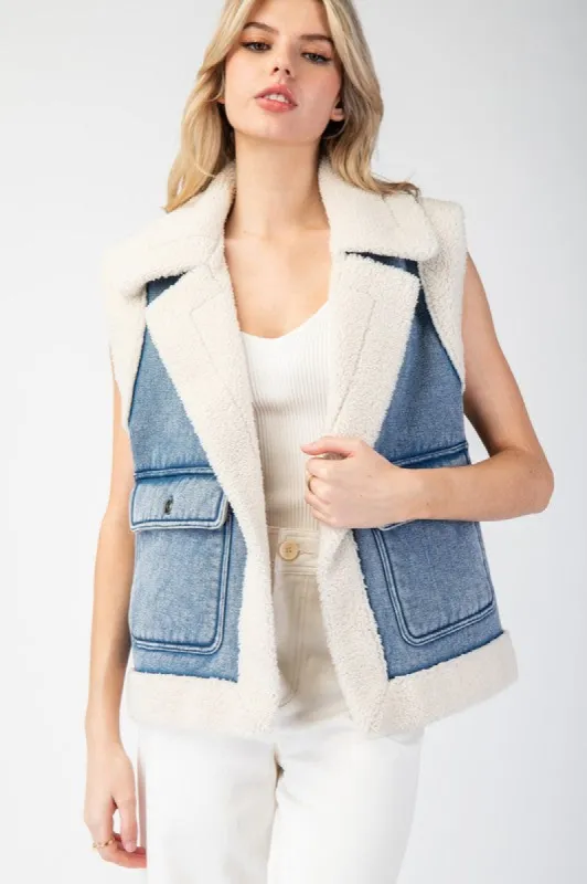 Stone Washed Denim Fur Vest sold by U-NI-TY