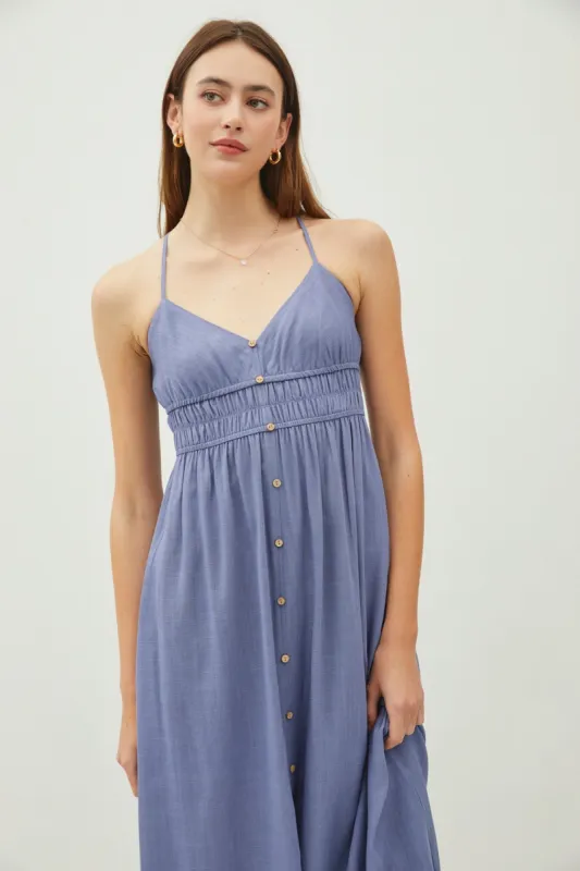 Linen Blend Front Button Shirred Mini Dress sold by U-NI-TY