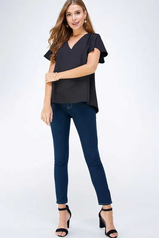 Sheered Shoulder Flutter Sleeve V Neck Top sold by U-NI-TY