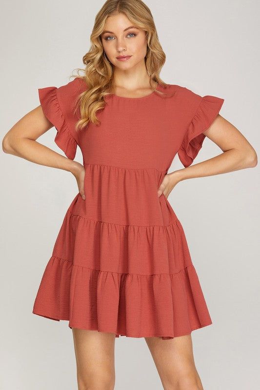 Drop Shoulder Ruffle Tiered Woven Dress sold by U-NI-TY