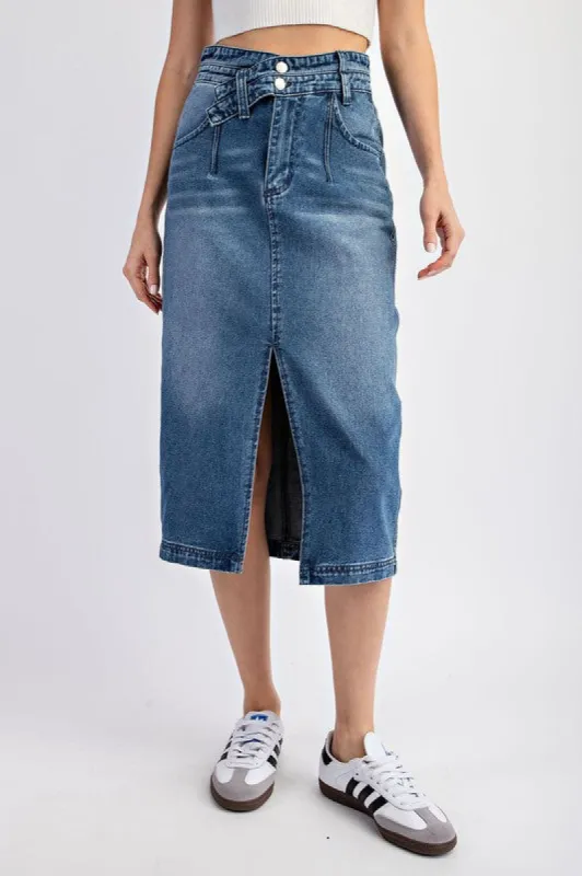 Front Cross Denim Midi Skirt sold by U-NI-TY