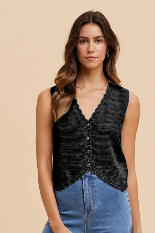 Crochet Trimmed Button Down Sweater Vest sold by U-NI-TY
