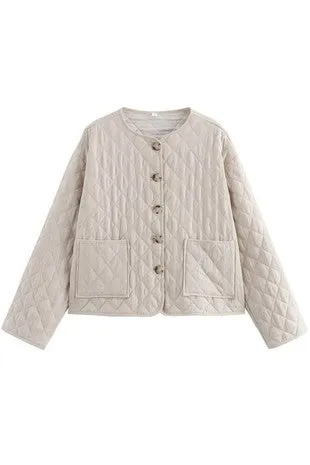 Solid Round Neck Button Front Quilted Jacket sold by U-NI-TY