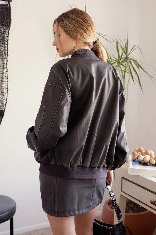 Oversized Faux Leather Bomber Jacket sold by U-NI-TY product image thumbnail 2
