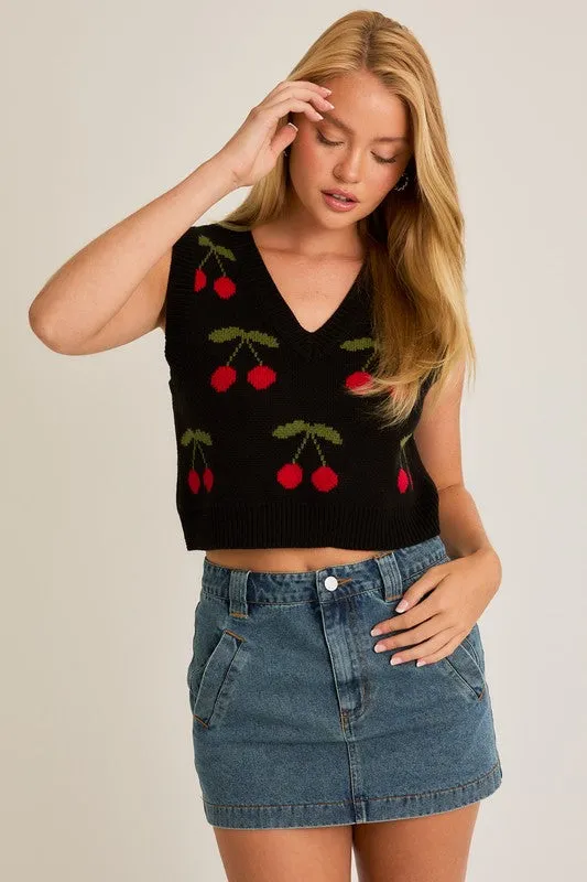 Cherry Pattern Crop Sweater Vest sold by U-NI-TY