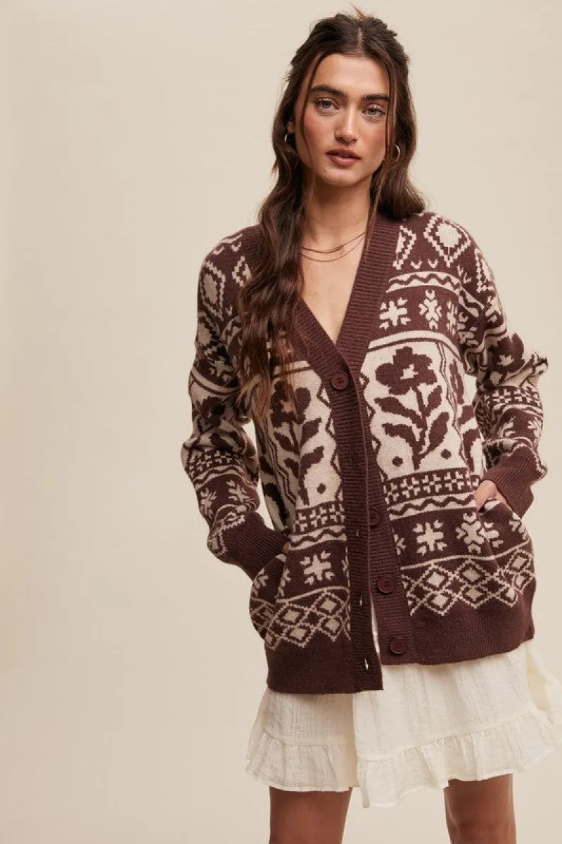Flower Aztec Patterned Knit Cardigan sold by U-NI-TY