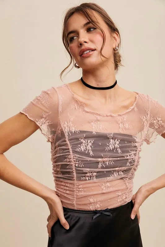 Floral Mesh Ruched Top sold by U-NI-TY