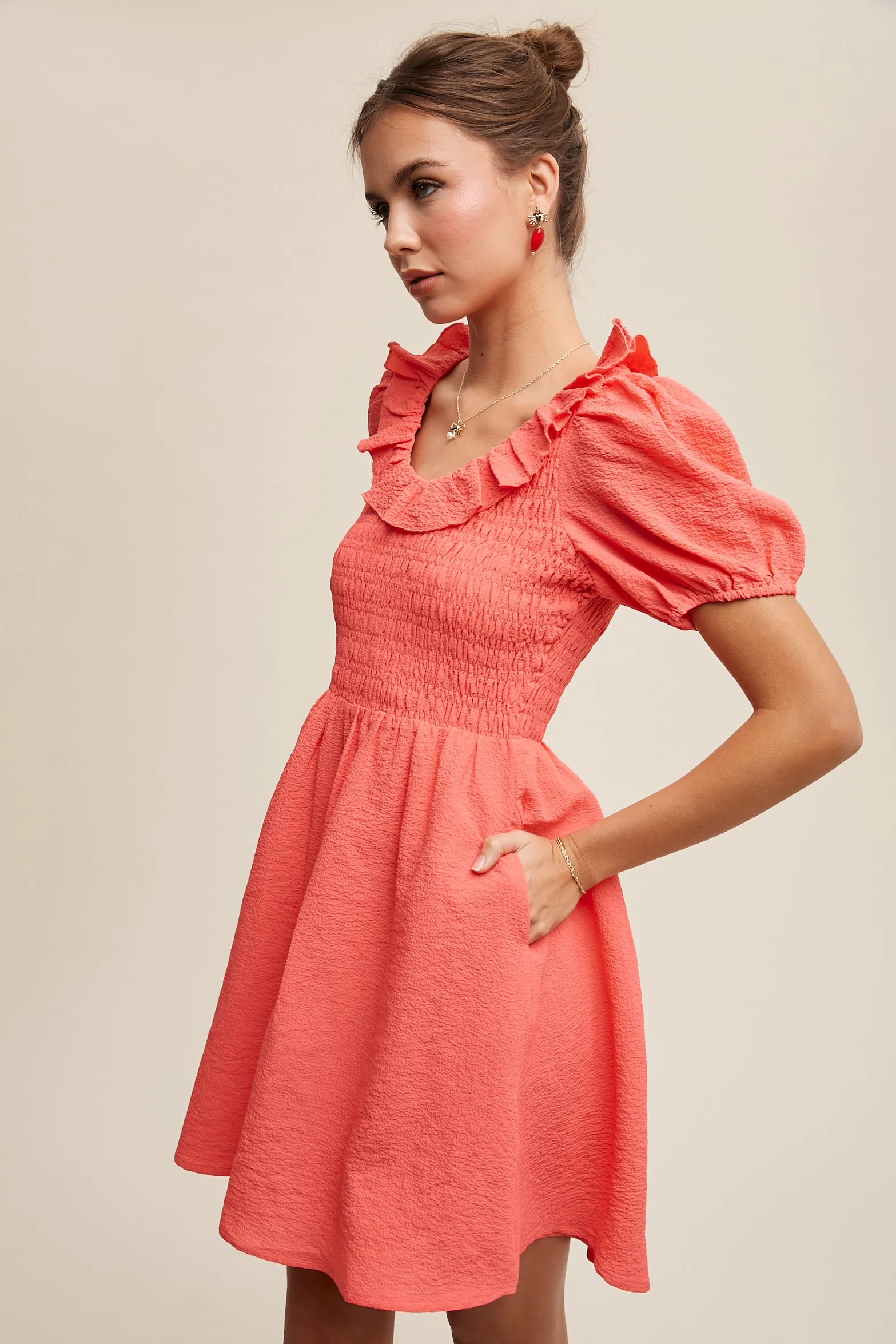 Smocked Puff Sleeve Ruffle Dress sold by U-NI-TY