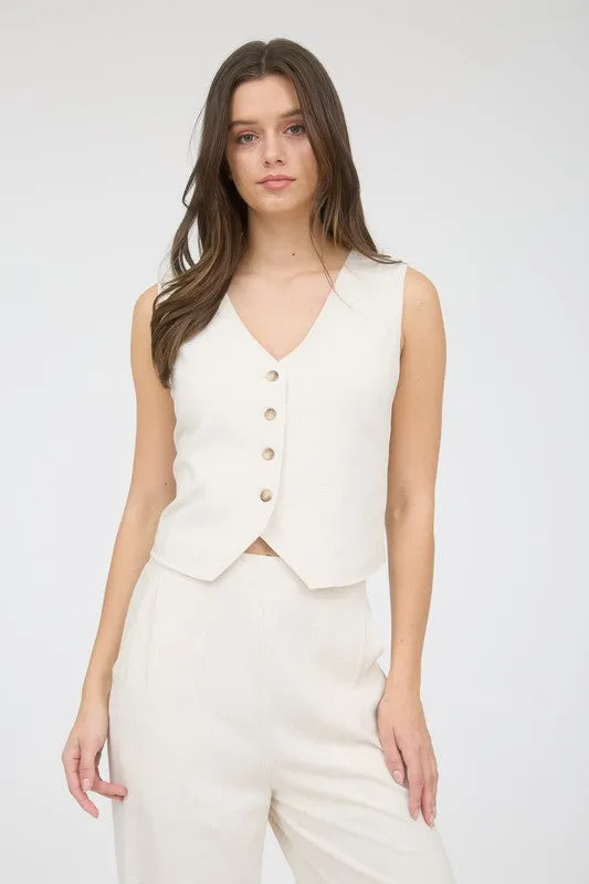 V Neck Button Down Linen Vest sold by U-NI-TY