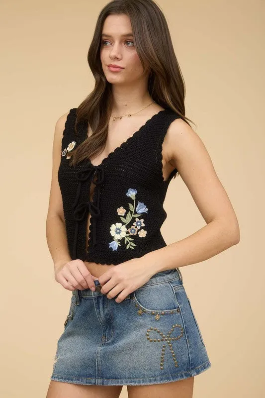 Floral Embroidery Front Tie Crochet Vest Top sold by U-NI-TY
