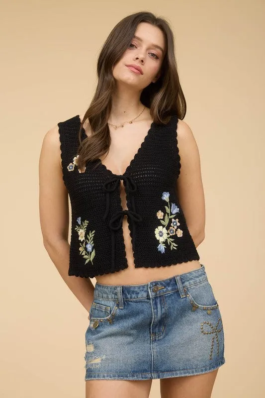 Floral Embroidery Front Tie Crochet Vest Top sold by U-NI-TY product image thumbnail 2