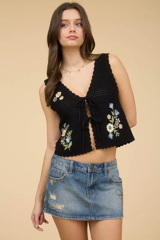 Floral Embroidery Front Tie Crochet Vest Top sold by U-NI-TY product image thumbnail 4