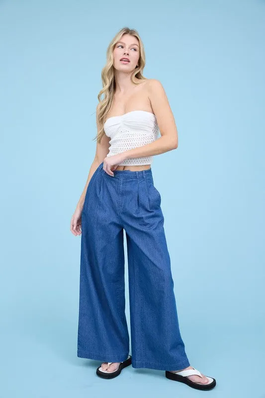 Wide Pleated Chambray Pants sold by U-NI-TY