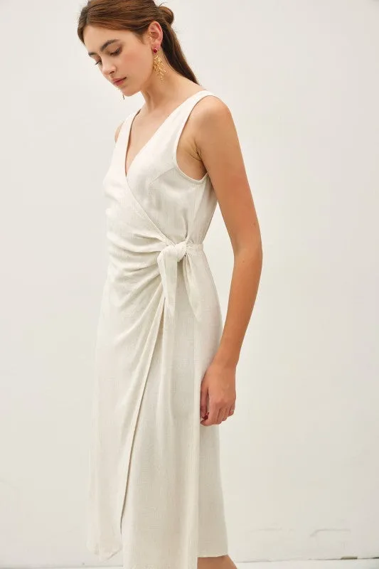 Linen Blend Mock-wrap Midi Dress W/ Tie Detail sold by U-NI-TY product image thumbnail 3