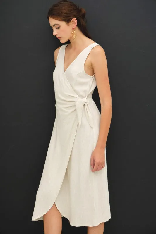 Linen Blend Mock-wrap Midi Dress W/ Tie Detail sold by U-NI-TY