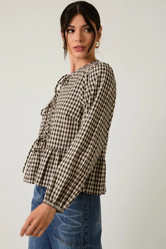 Front Tie Plaid Blouse sold by U-NI-TY
