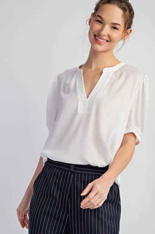 Notched Neck Short Sleeve Blouse Top sold by U-NI-TY