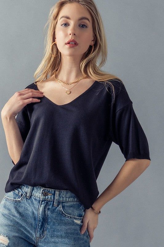 Basic Elbow Sleeve V-Neck Tunic Knit Top sold by U-NI-TY product image thumbnail 5