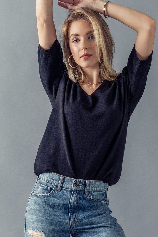 Basic Elbow Sleeve V-Neck Tunic Knit Top sold by U-NI-TY