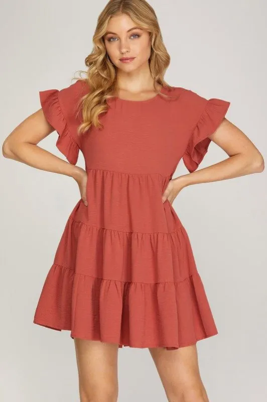Drop Shoulder Ruffle Tiered Woven Dress sold by U-NI-TY