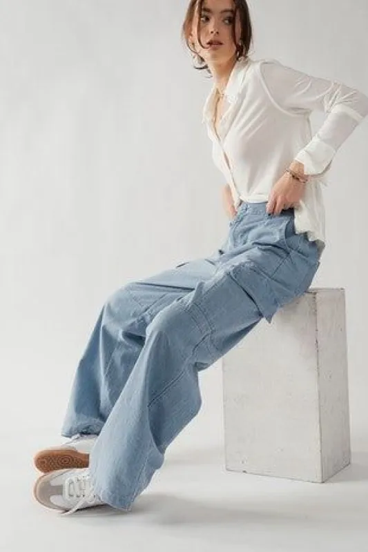 Denim Raw Stitch Wide Leg Cargo Pants sold by U-NI-TY