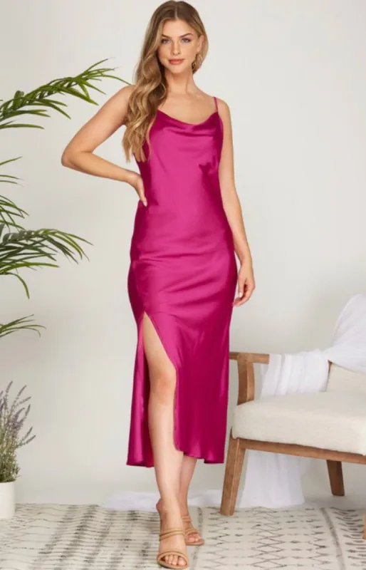 Cowl Neck Slit Midi Cami Satin Dress sold by U-NI-TY
