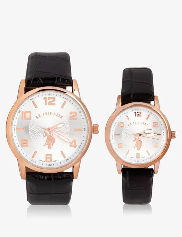 HIS & HERS ROSE GOLD FAUX CROC STRAP WATCH SET made by U.S. Polo Assn.