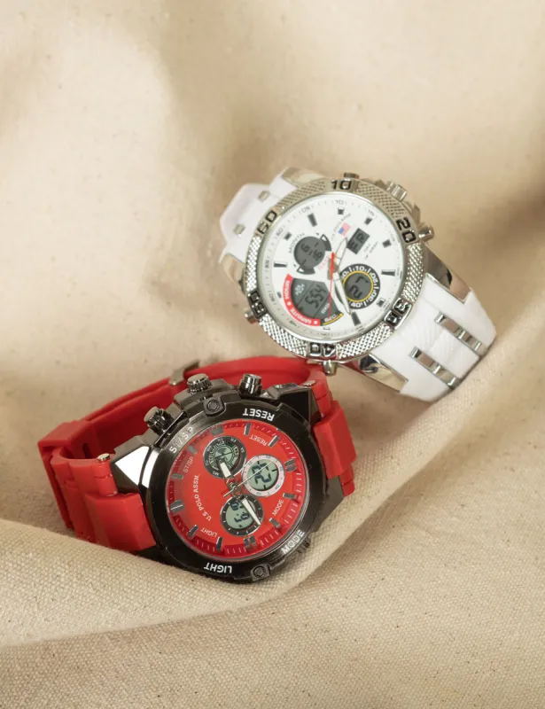 MEN'S RED AND BLACK RUBBER STRAP ANA DIGI WATCH sold by U.S. Polo Assn.