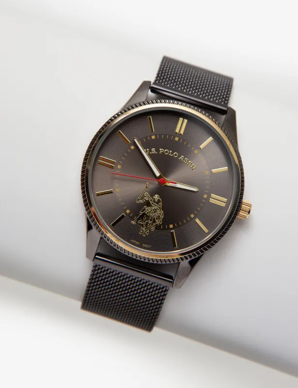 Gunmetal Mesh Watch with Goldtone Accents made by U.S. Polo Assn.