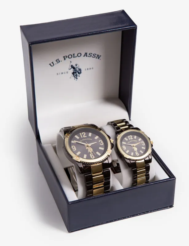 HIS AND HER'S BLACK AND GOLD BRACELET WATCH SET sold by U.S. Polo Assn.