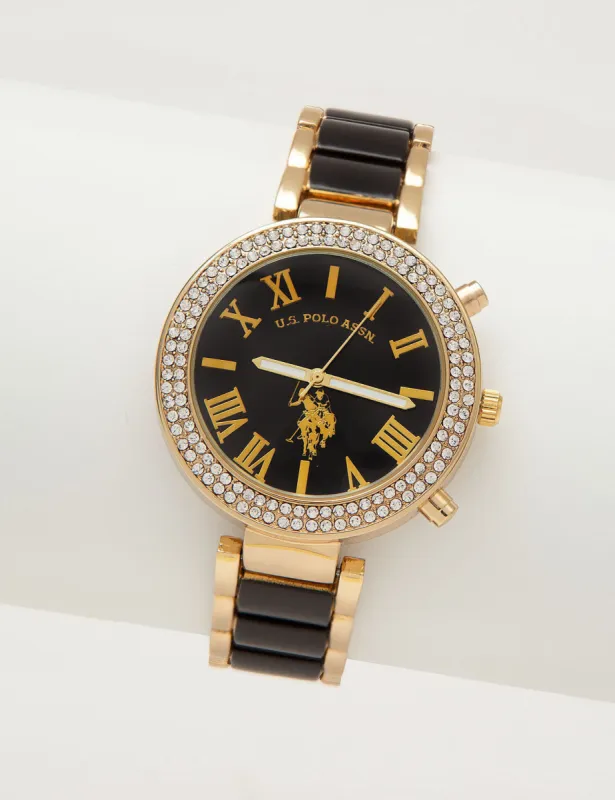 LADIES GOLD AND BLACK ENAMEL LINK WATCH sold by U.S. Polo Assn.