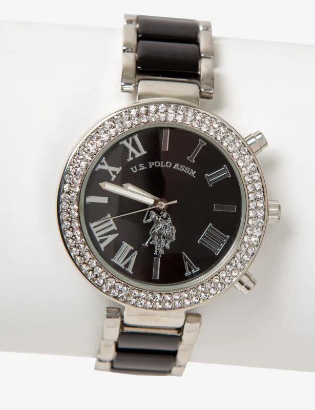 LADIES SILVER BLACK LINK WATCH WITH STONES sold by U.S. Polo Assn.