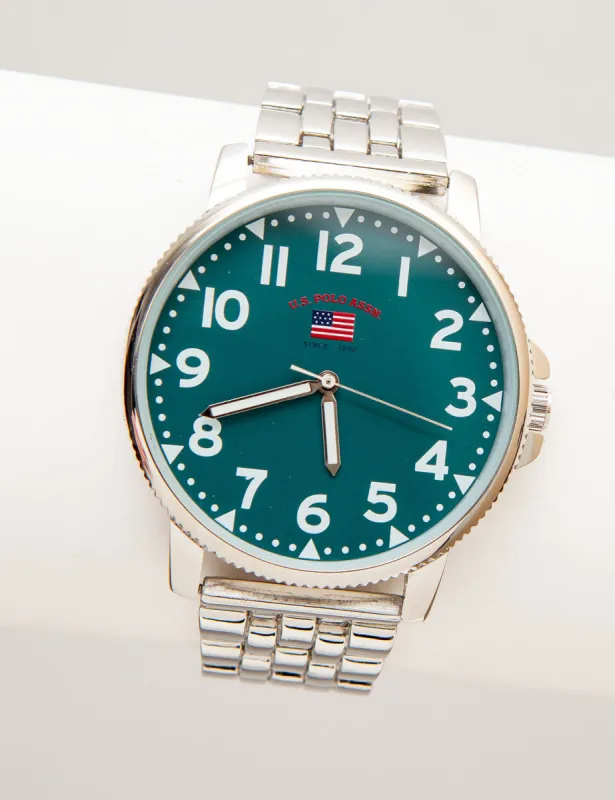 MEN'S SILVERTONE BRACELET WATCH WITH GREEN DIAL sold by U.S. Polo Assn.