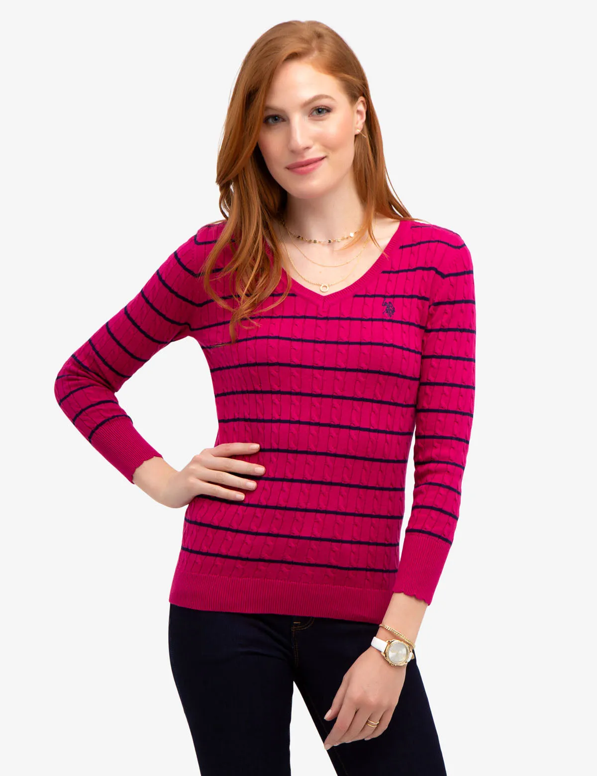 STRIPED CABLE KNIT V-NECK SWEATER sold by U.S. Polo Assn.