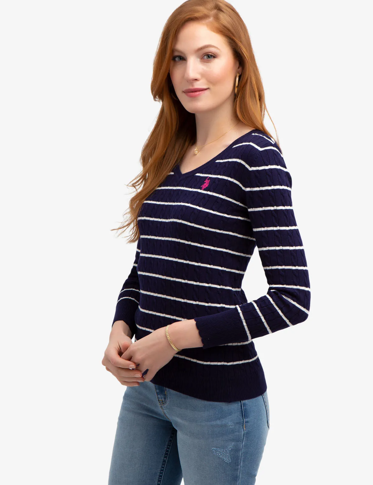 STRIPED CABLE KNIT V-NECK SWEATER sold by U.S. Polo Assn. product image thumbnail 4